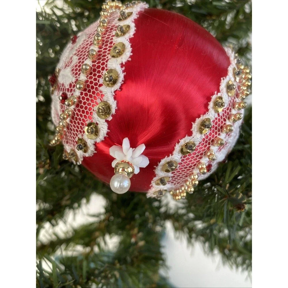Red Satin Handmade Push Pin Christmas Ornament Lace Candle Scene Made by Van